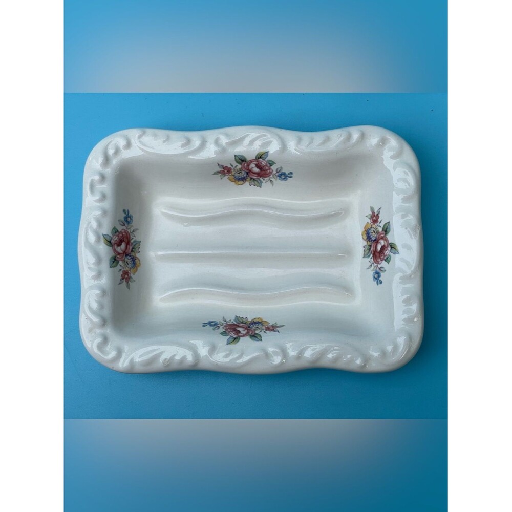 Vintage Athena Soap Dish White Ceramic Floral Pink Yellow Made USA Cottagecore